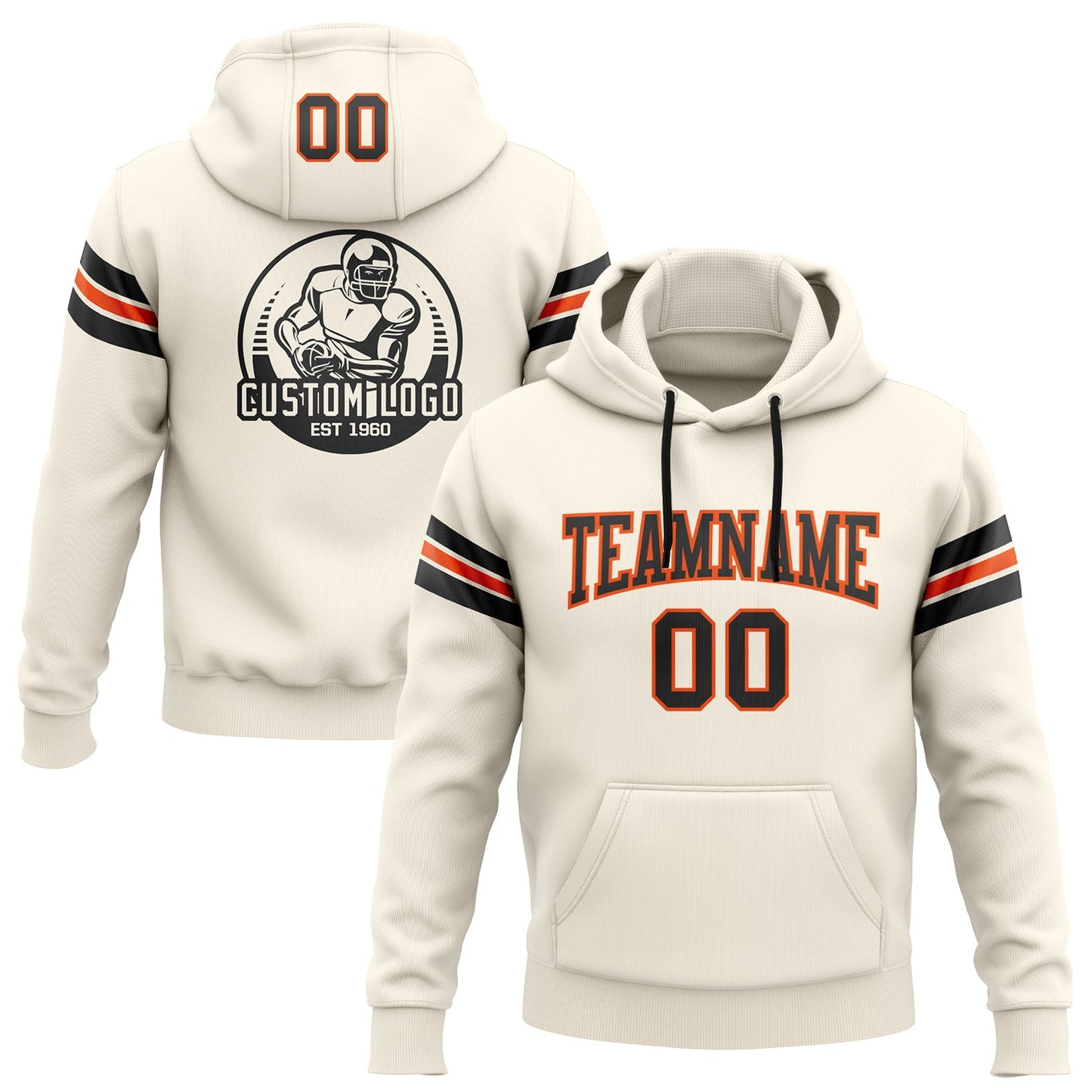 Custom Stitched Cream Black-Orange Football Pullover Sweatshirt Hoodie - Main View