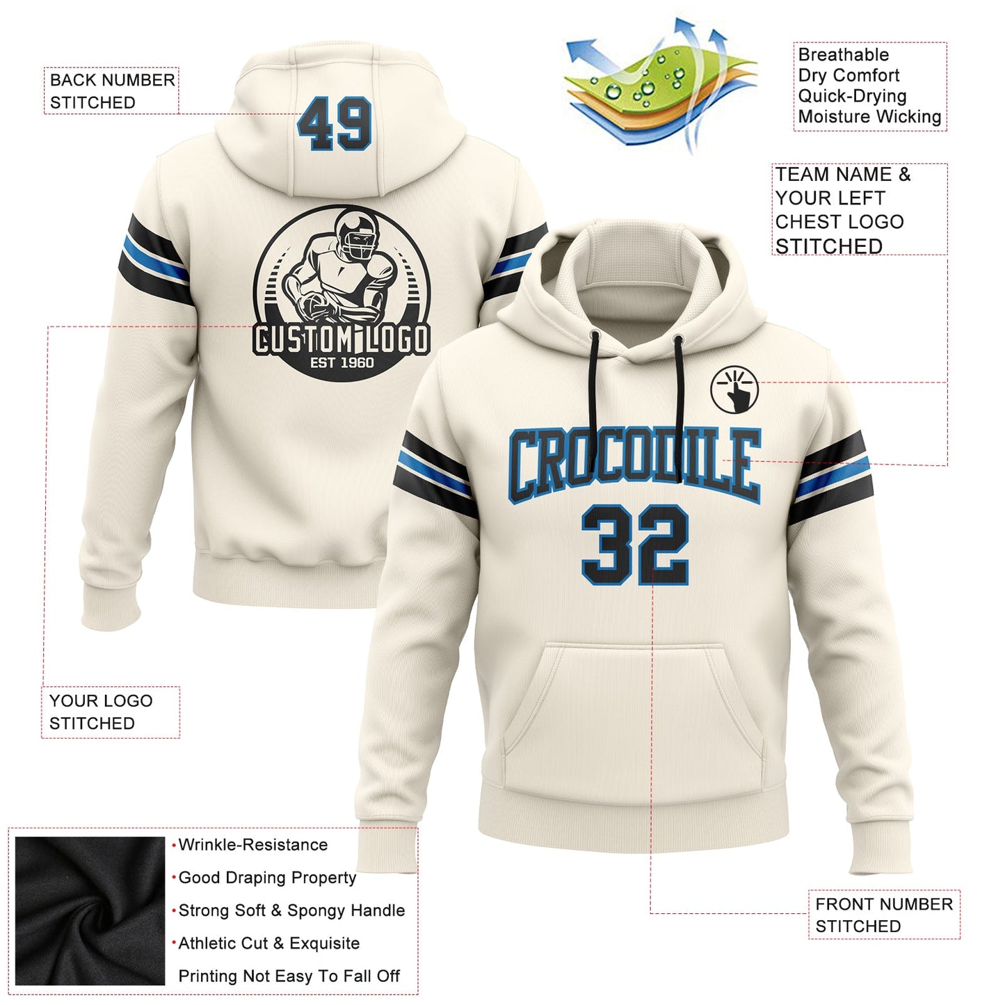 Custom Stitched Cream Black-Blue Football Pullover Sweatshirt Hoodie view 2