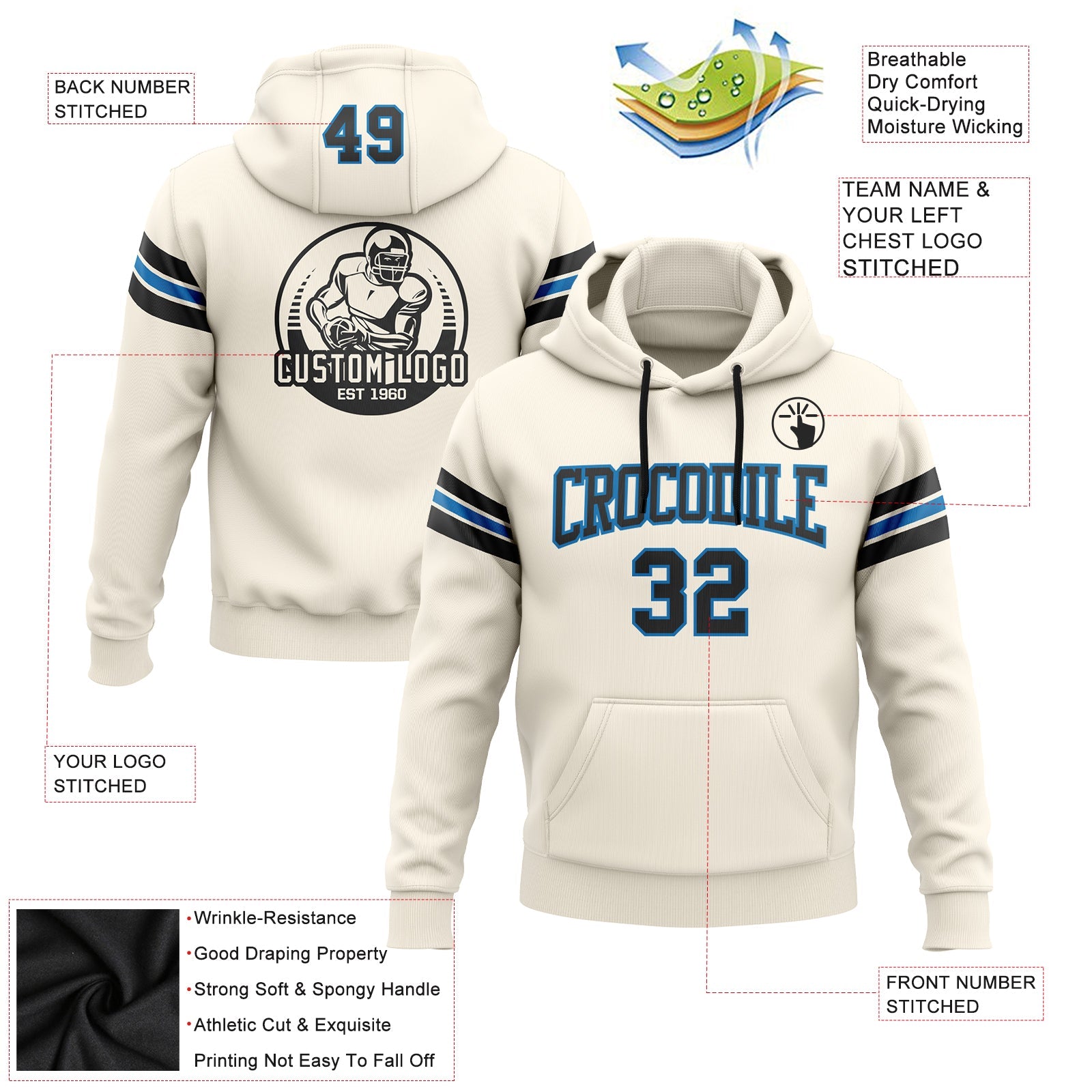 Custom Stitched Cream Black-Blue Football Pullover Sweatshirt Hoodie view 2