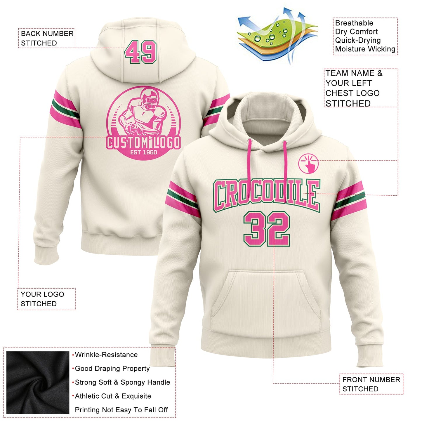 Custom Stitched Cream Pink-Kelly Green Football Pullover Sweatshirt Hoodie view 2