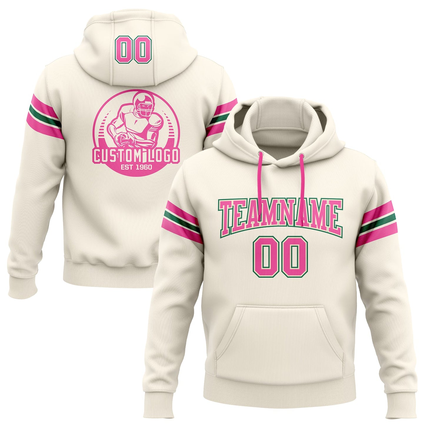 Custom Stitched Cream Pink-Kelly Green Football Pullover Sweatshirt Hoodie - Main View