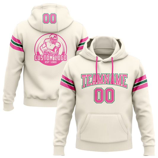 Custom Stitched Cream Pink-Kelly Green Football Pullover Sweatshirt Hoodie - Main View