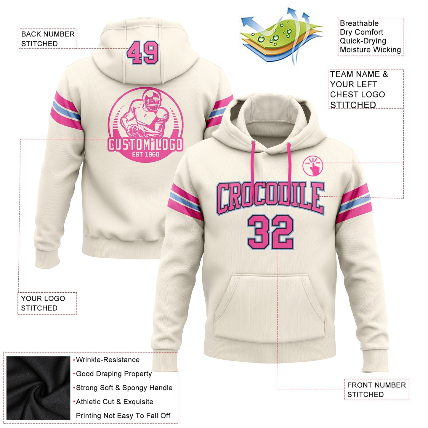 Custom Stitched Cream Pink Black-Light Blue Football Pullover Sweatshirt Hoodie view 2