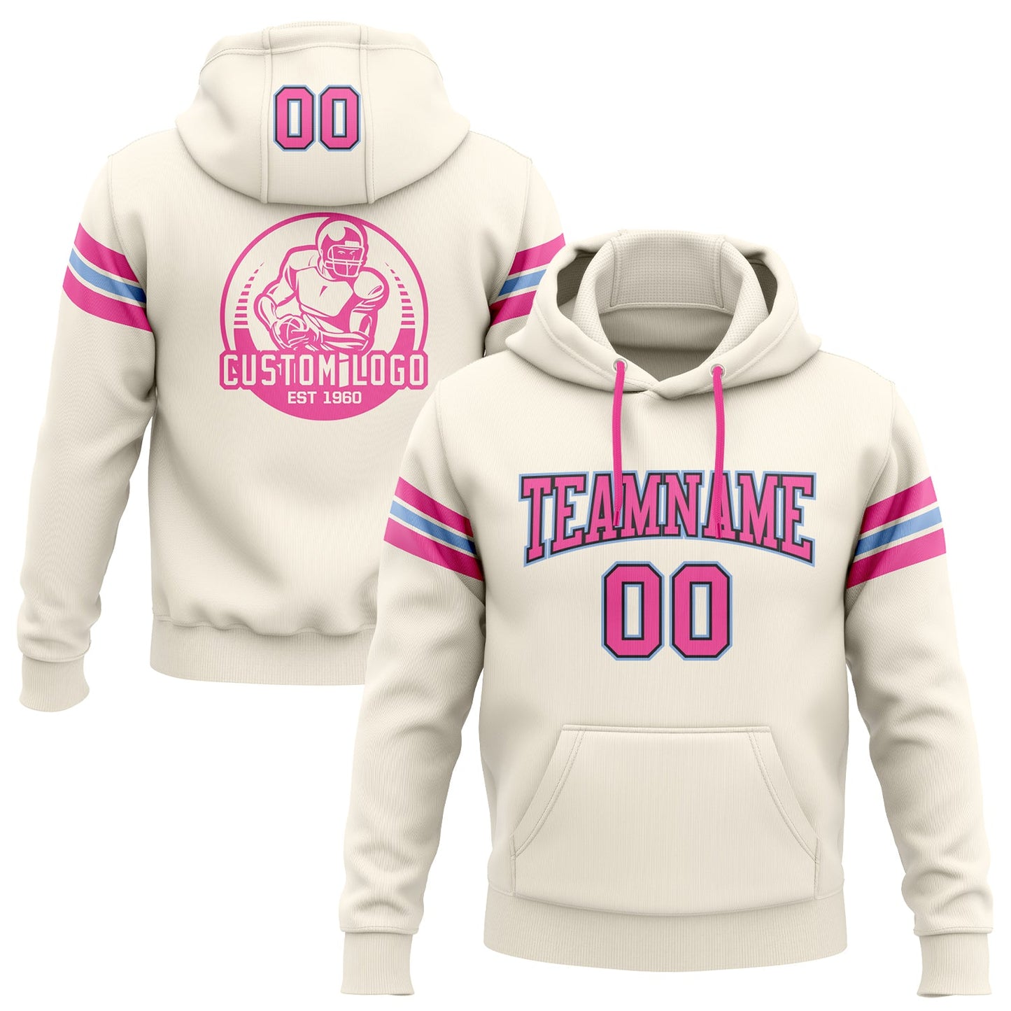 Custom Stitched Cream Pink Black-Light Blue Football Pullover Sweatshirt Hoodie - Main View