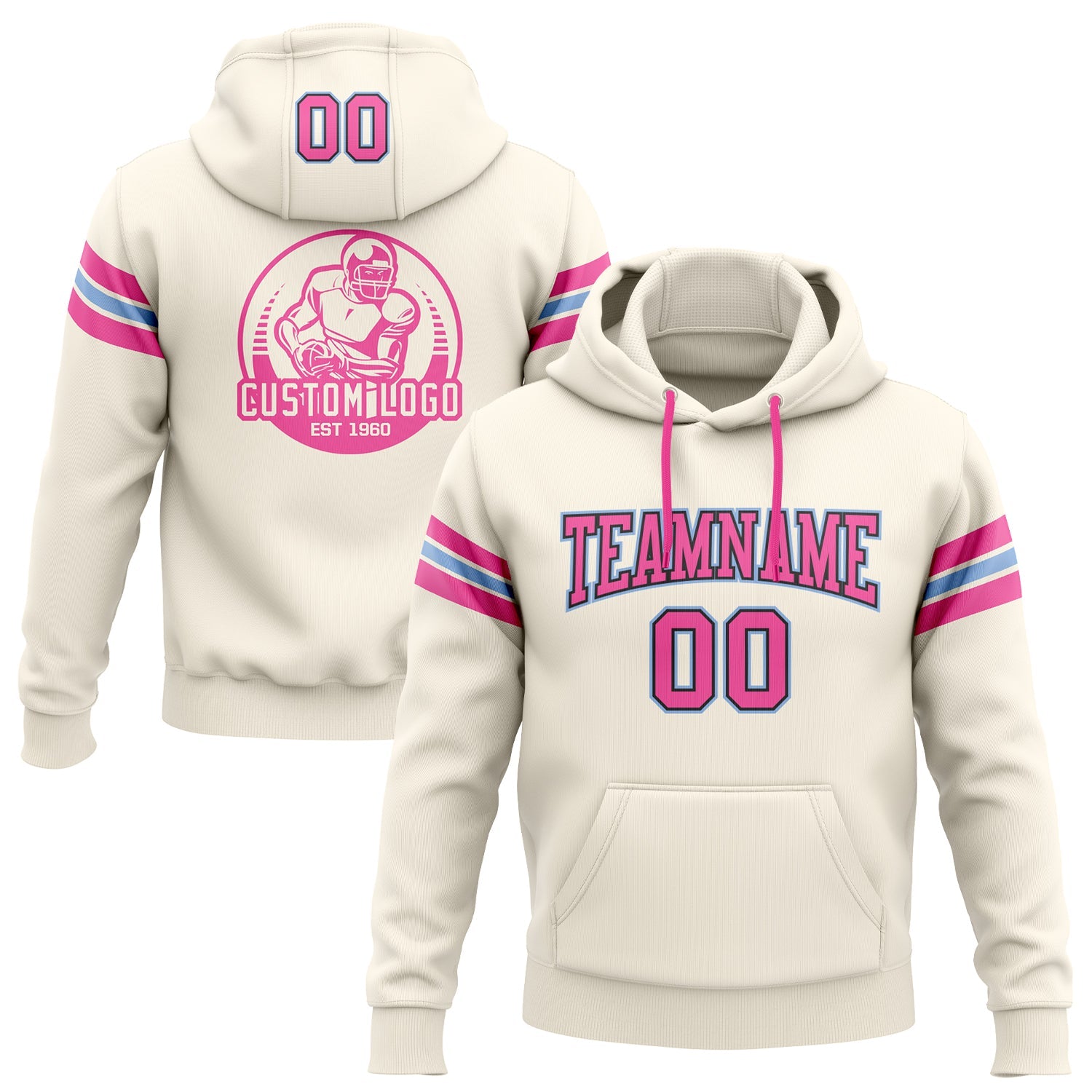Custom Stitched Cream Pink Black-Light Blue Football Pullover Sweatshirt Hoodie - Main View