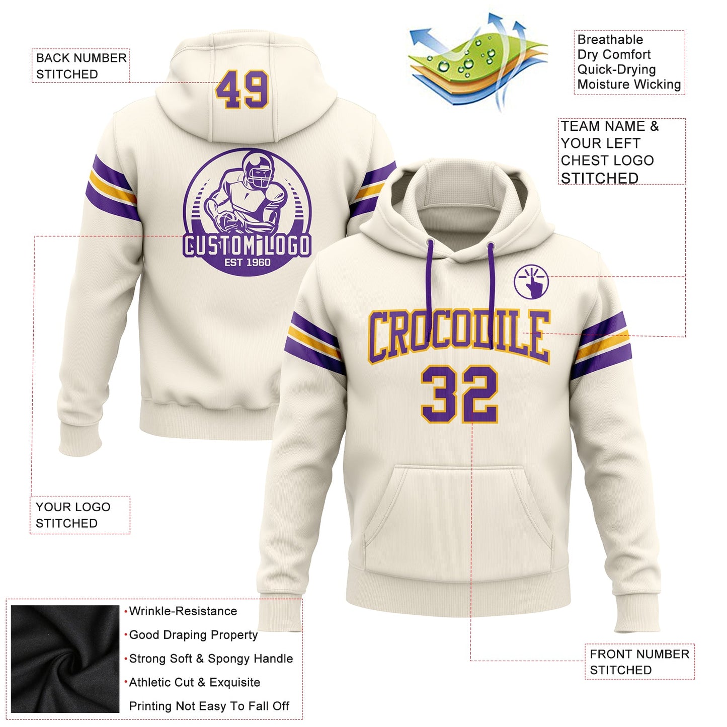 Custom Stitched Cream Purple-Gold Football Pullover Sweatshirt Hoodie view 2