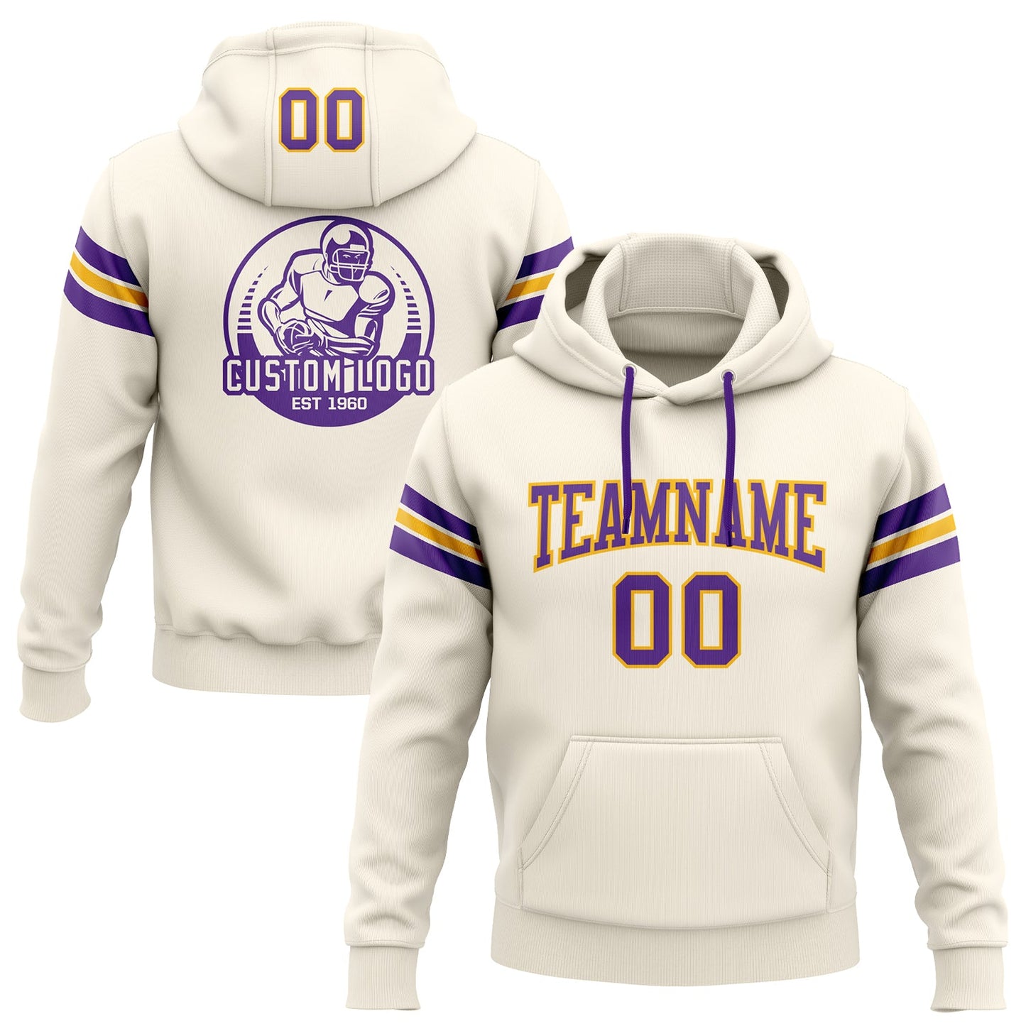 Custom Stitched Cream Purple-Gold Football Pullover Sweatshirt Hoodie - Main View