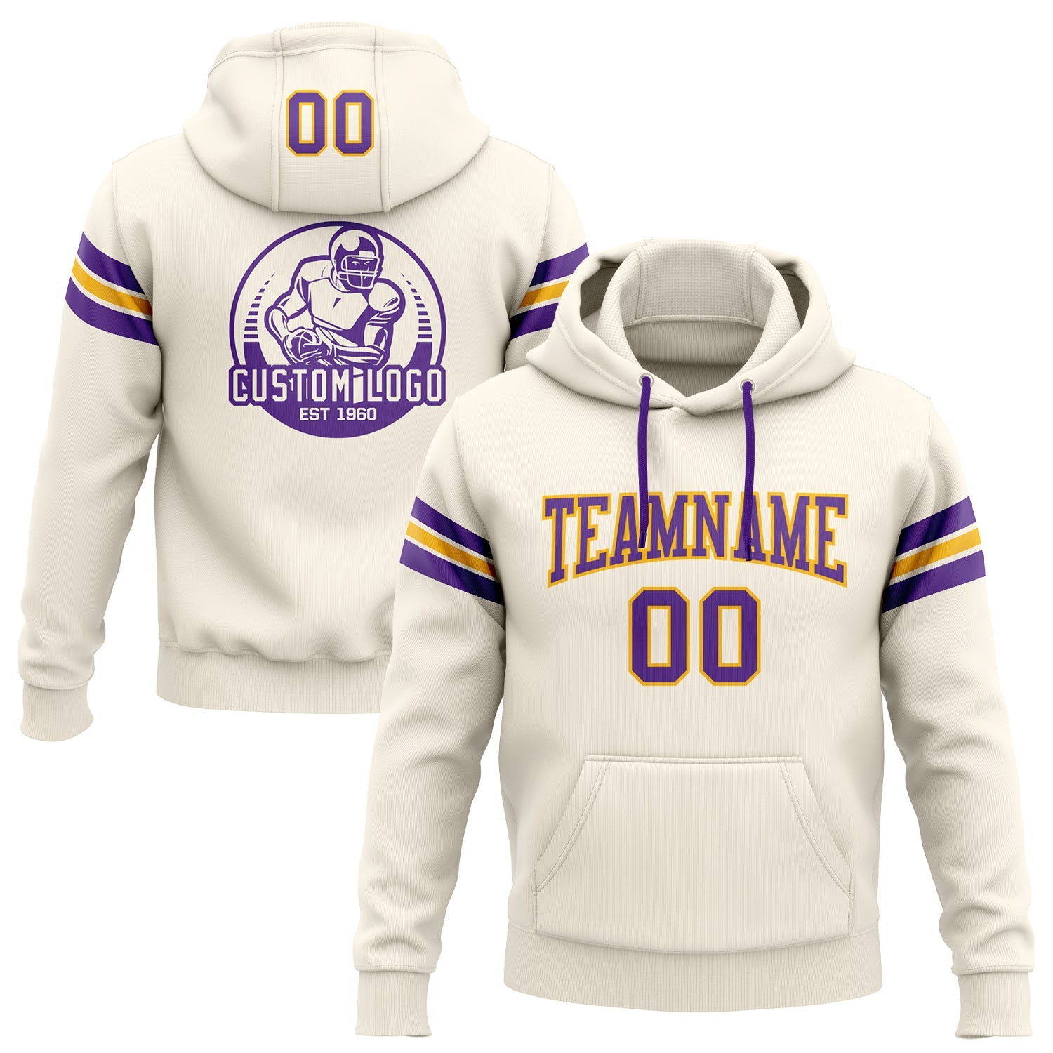 Custom Stitched Cream Purple-Gold Football Pullover Sweatshirt Hoodie - Main View