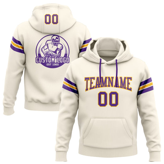 Custom Stitched Cream Purple-Gold Football Pullover Sweatshirt Hoodie - Main View