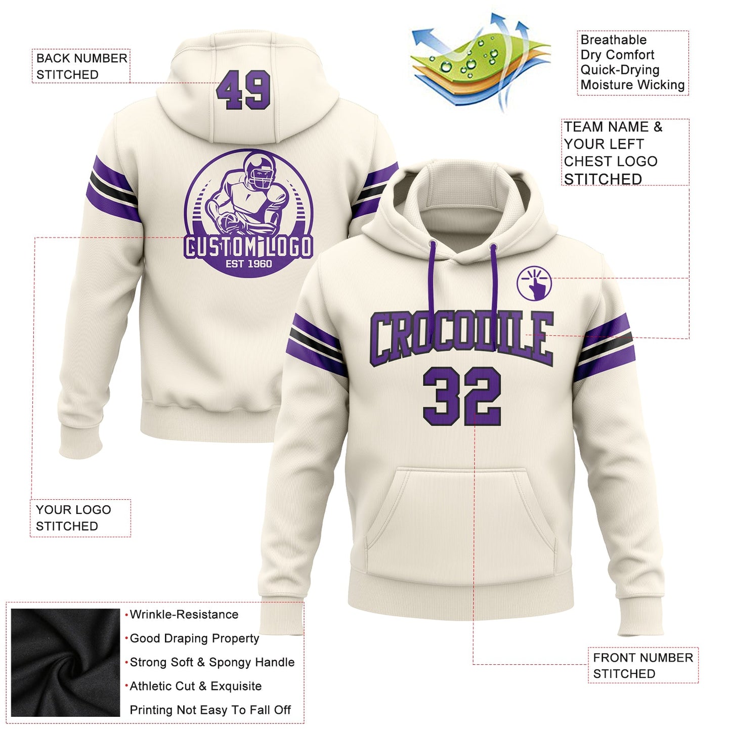 Custom Stitched Cream Purple-Black Football Pullover Sweatshirt Hoodie view 2