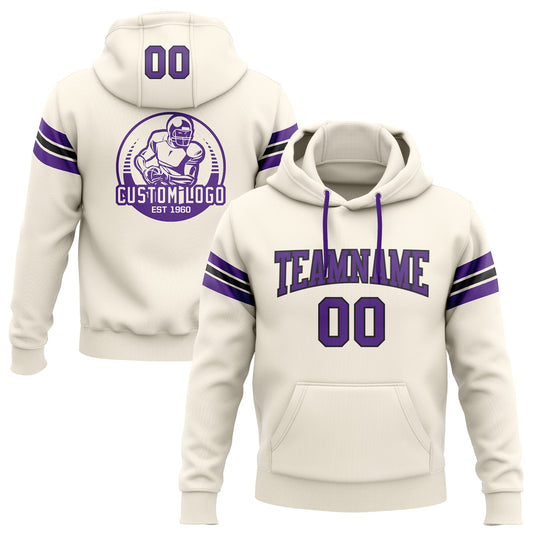 Custom Stitched Cream Purple-Black Football Pullover Sweatshirt Hoodie - Main View