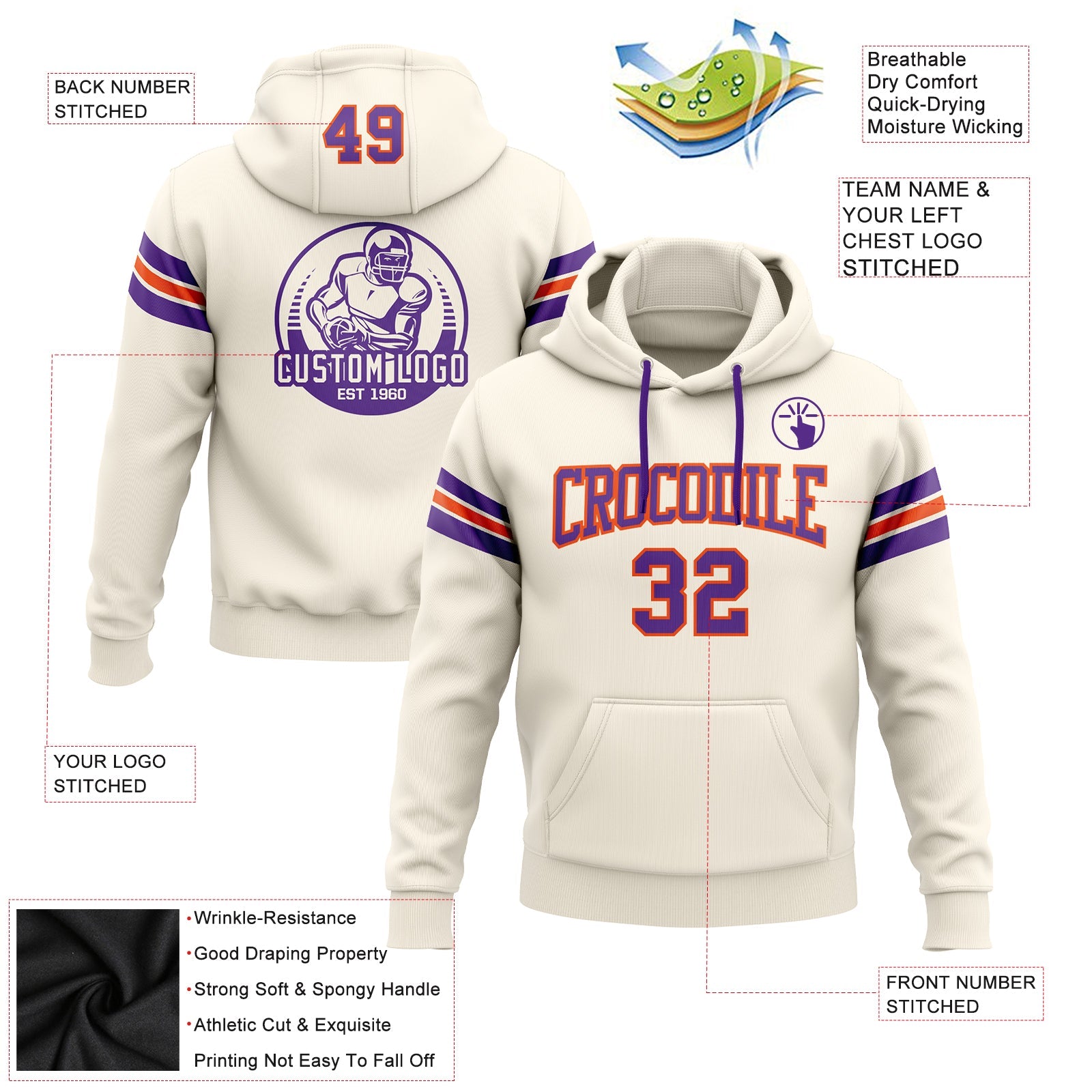 Custom Stitched Cream Purple-Orange Football Pullover Sweatshirt Hoodie view 2