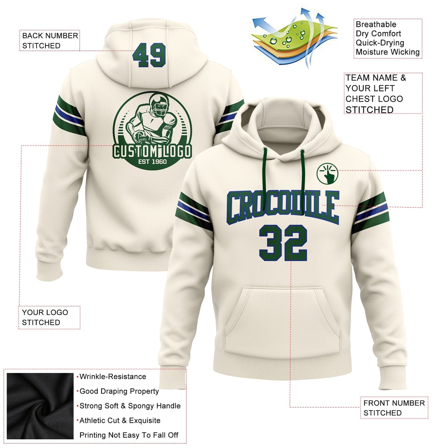 Custom Stitched Cream Green-Royal Football Pullover Sweatshirt Hoodie view 2