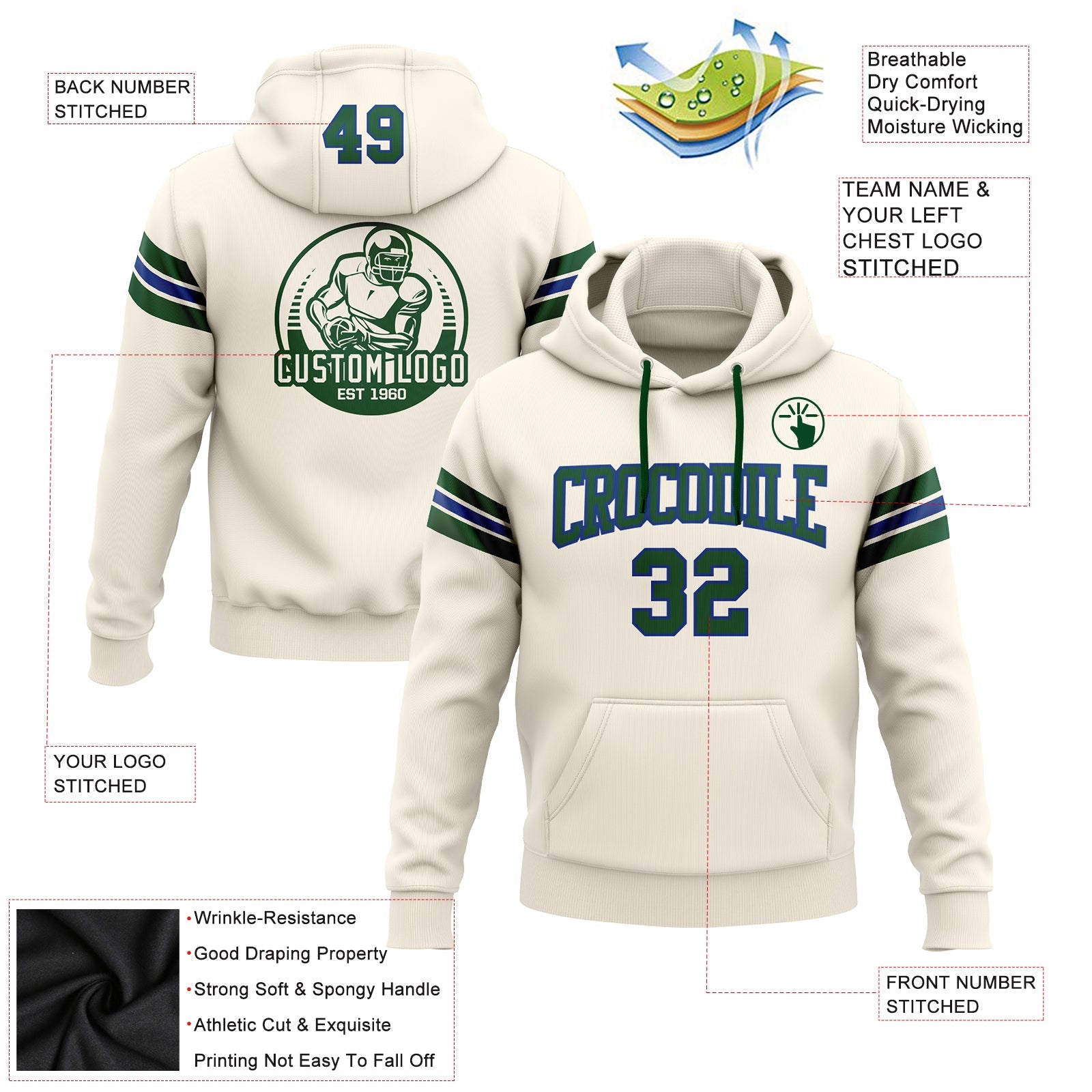 Custom Stitched Cream Green-Royal Football Pullover Sweatshirt Hoodie view 2