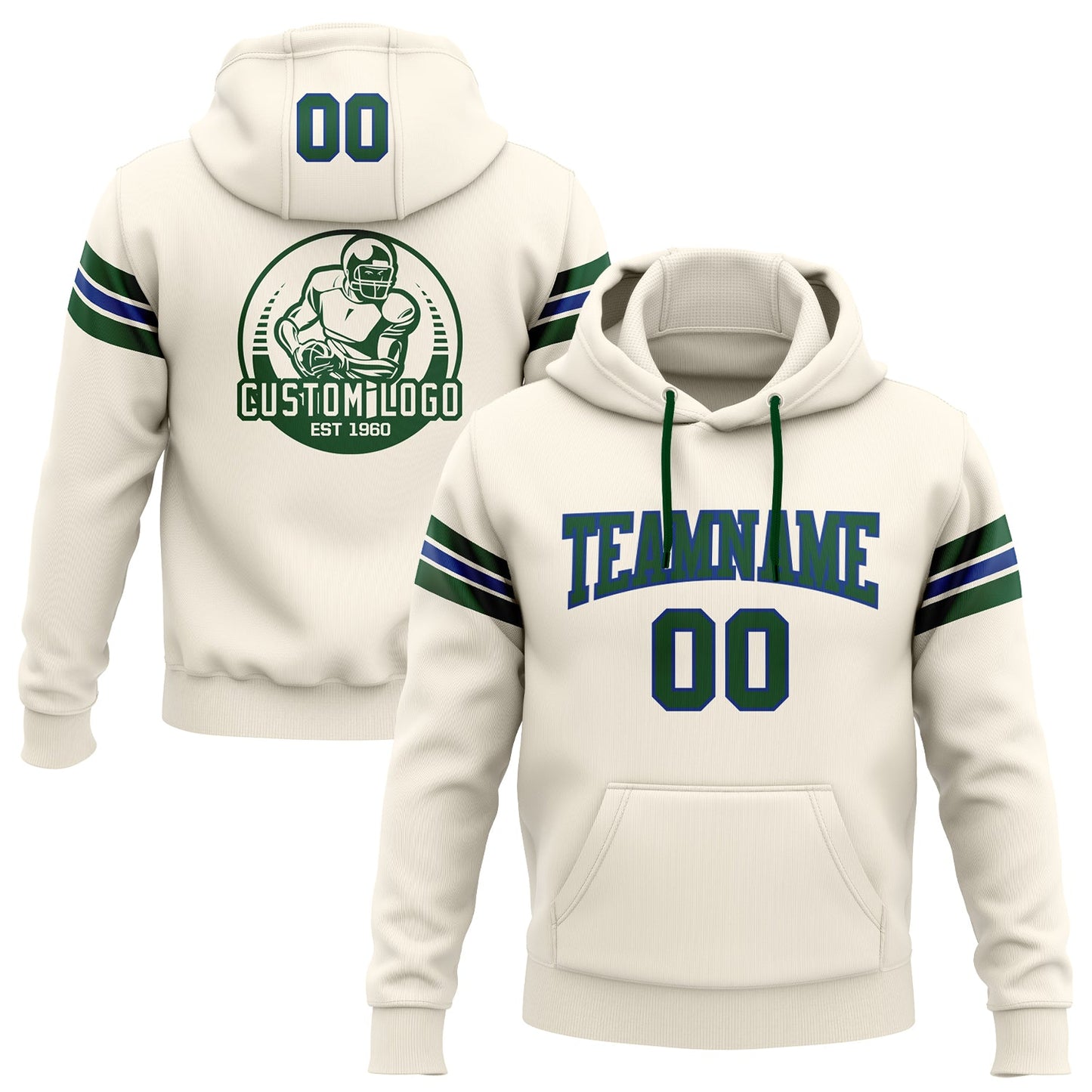 Custom Stitched Cream Green-Royal Football Pullover Sweatshirt Hoodie - Main View