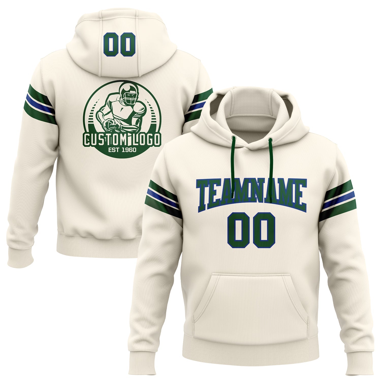 Custom Stitched Cream Green-Royal Football Pullover Sweatshirt Hoodie - Main View