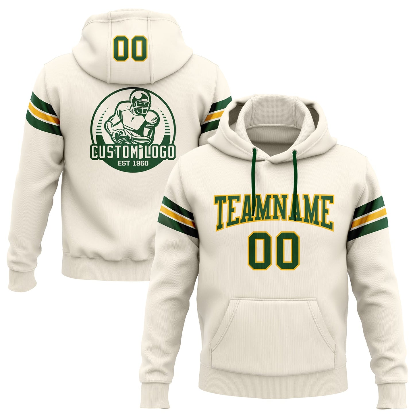 Custom Stitched Cream Green-Gold Football Pullover Sweatshirt Hoodie - Main View