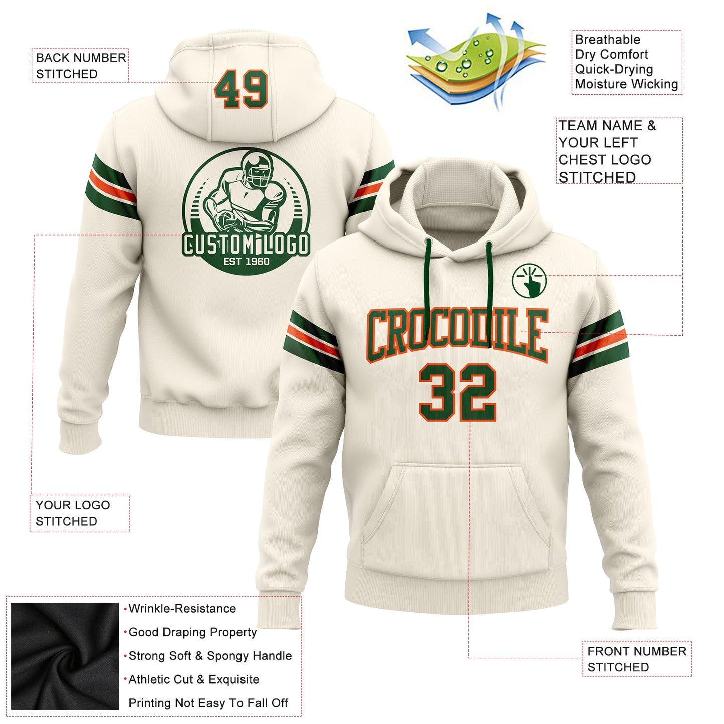 Custom Stitched Cream Green-Orange Football Pullover Sweatshirt Hoodie view 2