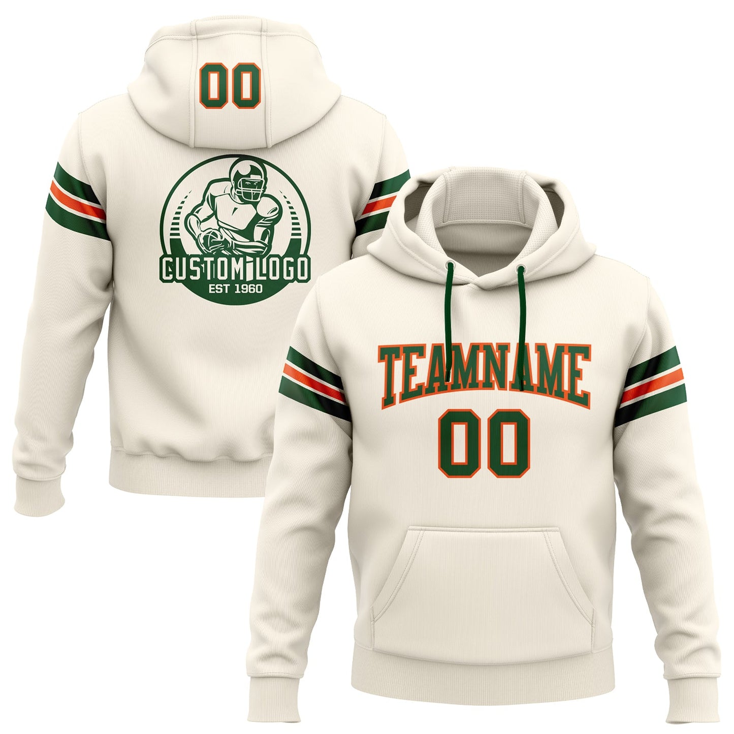 Custom Stitched Cream Green-Orange Football Pullover Sweatshirt Hoodie - Main View