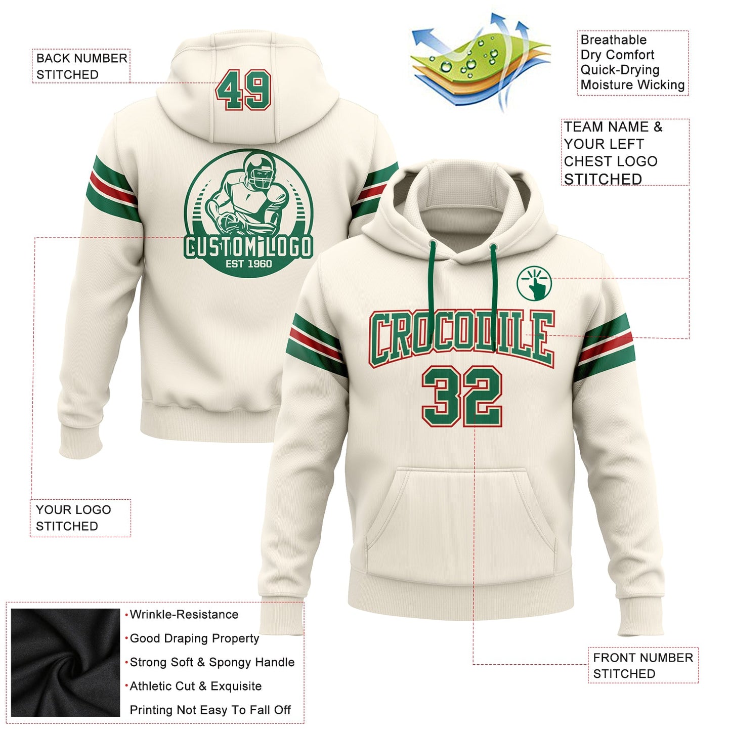 Custom Stitched Cream Kelly Green-Red Football Pullover Sweatshirt Hoodie view 2