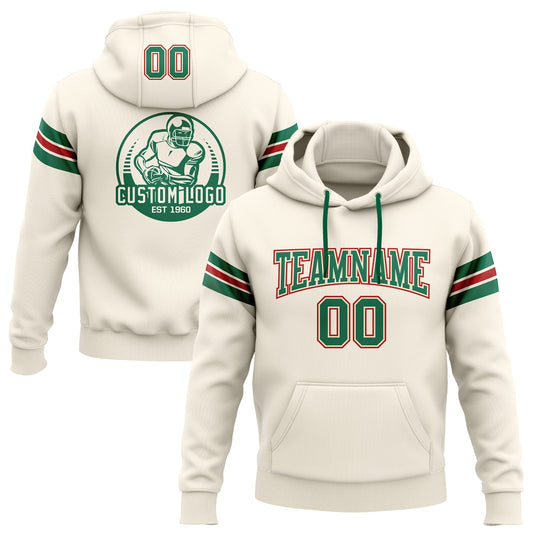 Custom Stitched Cream Kelly Green-Red Football Pullover Sweatshirt Hoodie - Main View
