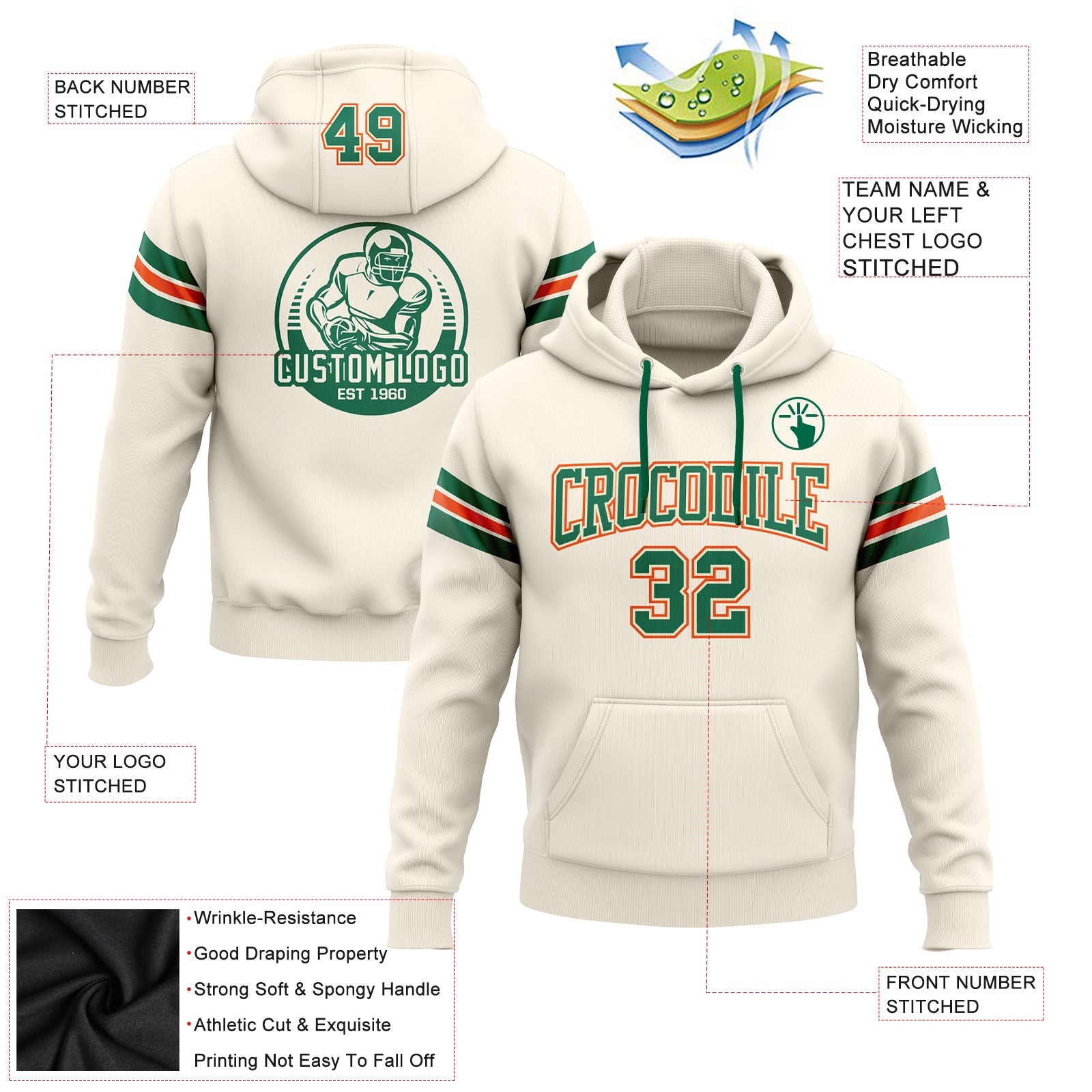 Custom Stitched Cream Kelly Green-Orange Football Pullover Sweatshirt Hoodie view 2