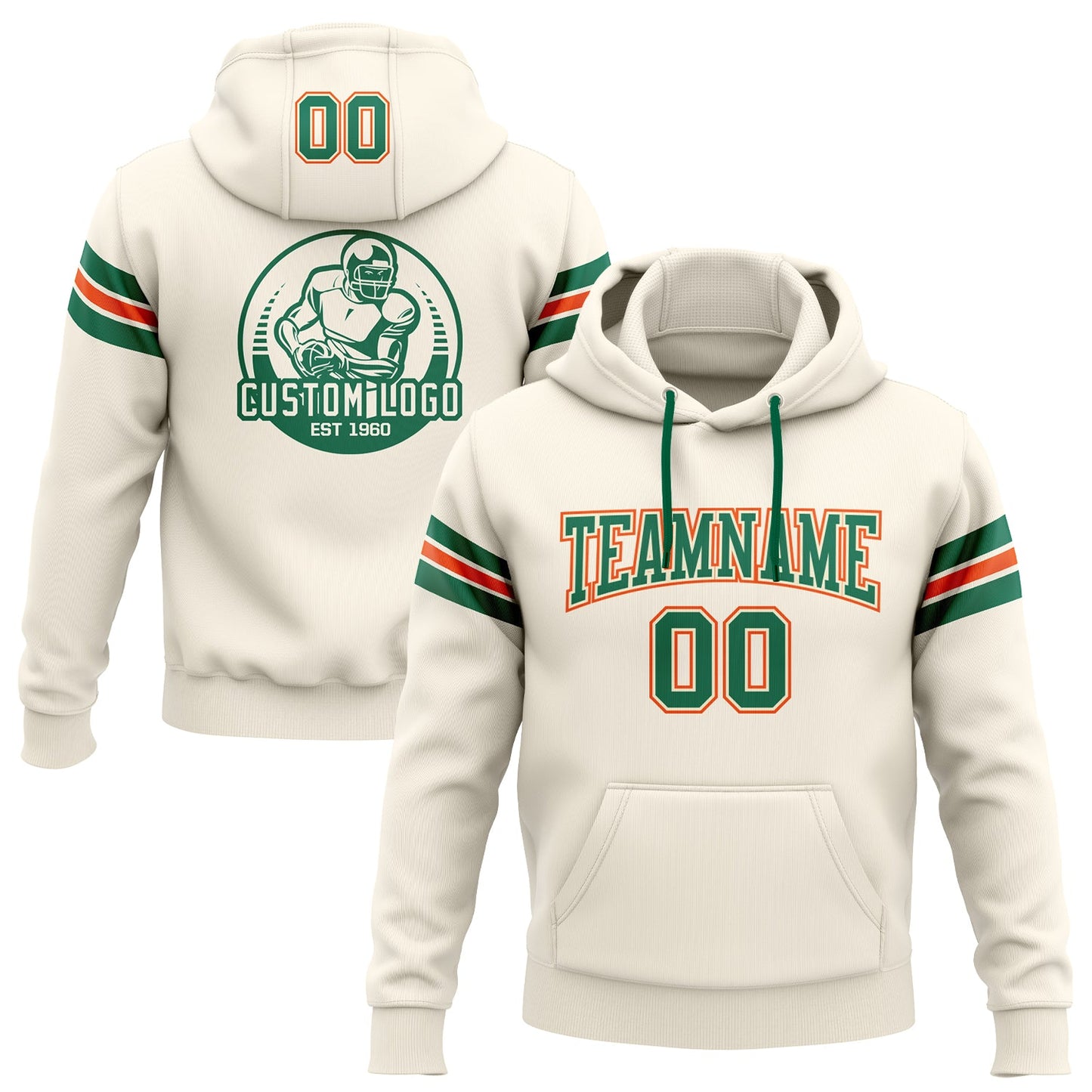 Custom Stitched Cream Kelly Green-Orange Football Pullover Sweatshirt Hoodie - Main View