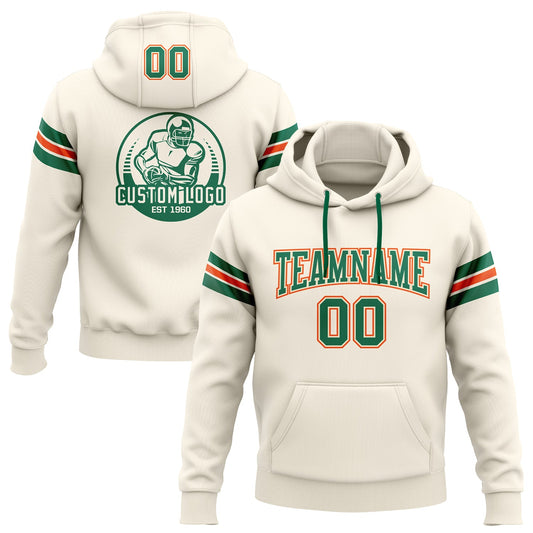 Custom Stitched Cream Kelly Green-Orange Football Pullover Sweatshirt Hoodie - Main View