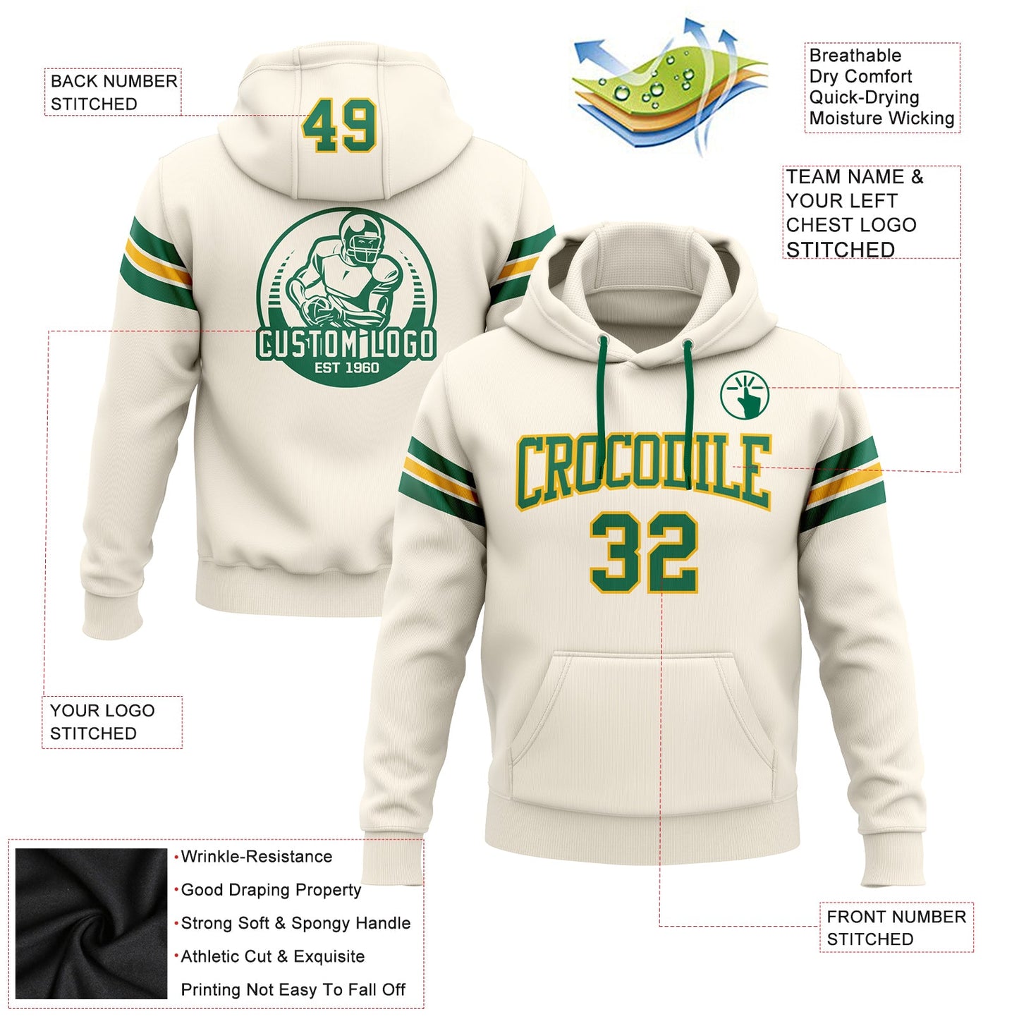 Custom Stitched Cream Kelly Green-Gold Football Pullover Sweatshirt Hoodie view 2