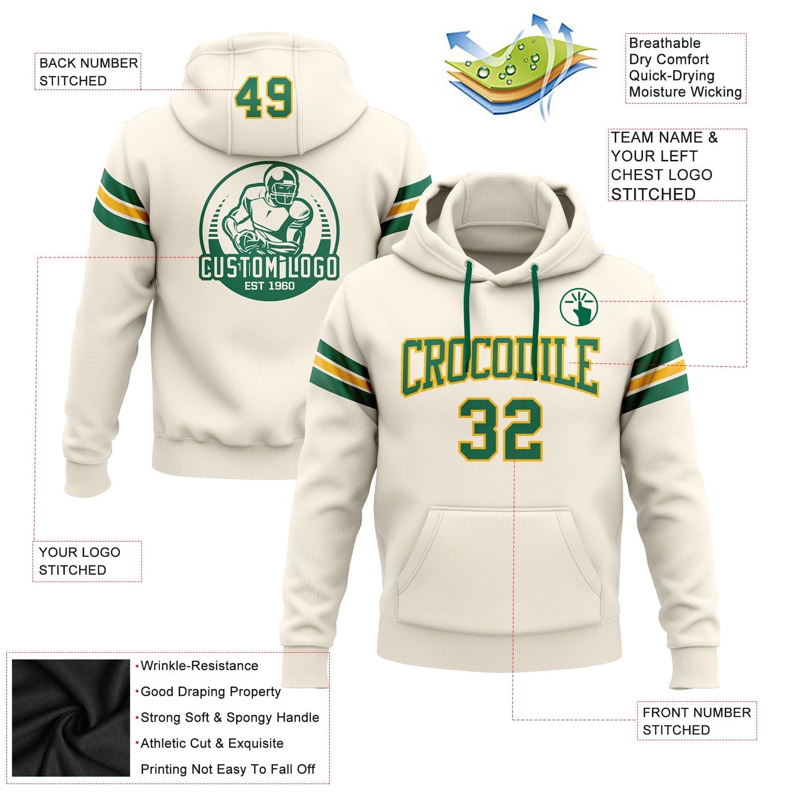 Custom Stitched Cream Kelly Green-Gold Football Pullover Sweatshirt Hoodie view 2