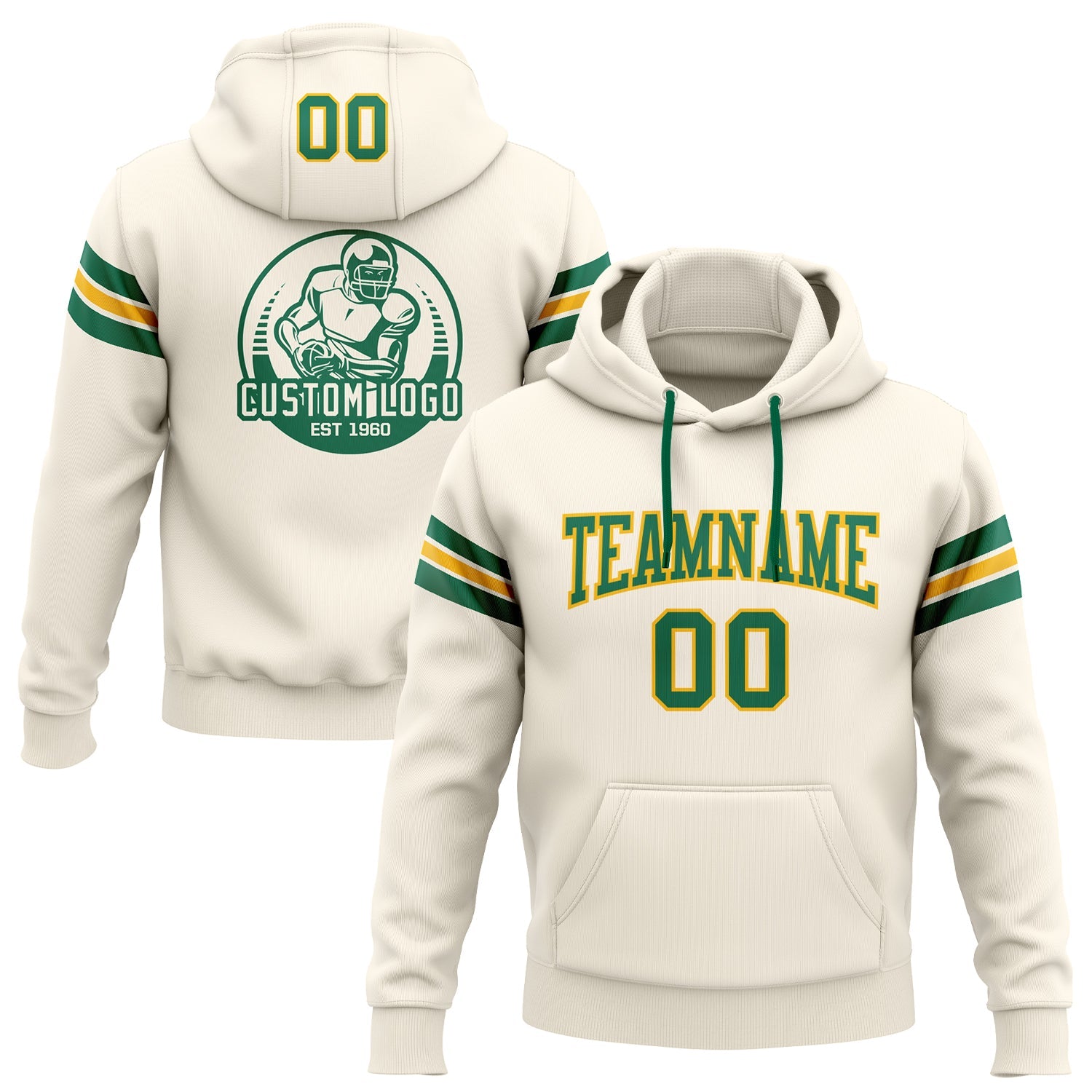 Custom Stitched Cream Kelly Green-Gold Football Pullover Sweatshirt Hoodie - Main View