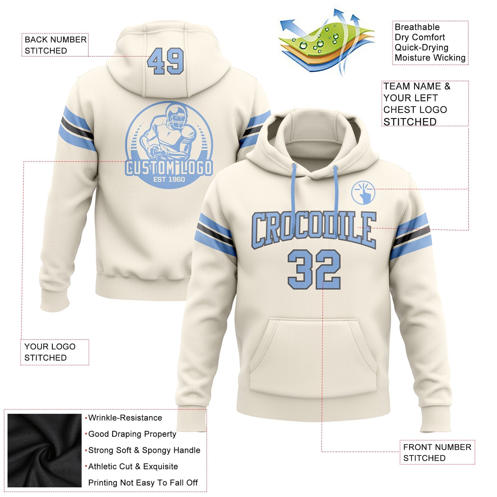 Custom Stitched Cream Light Blue-Steel Gray Football Pullover Sweatshirt Hoodie view 2