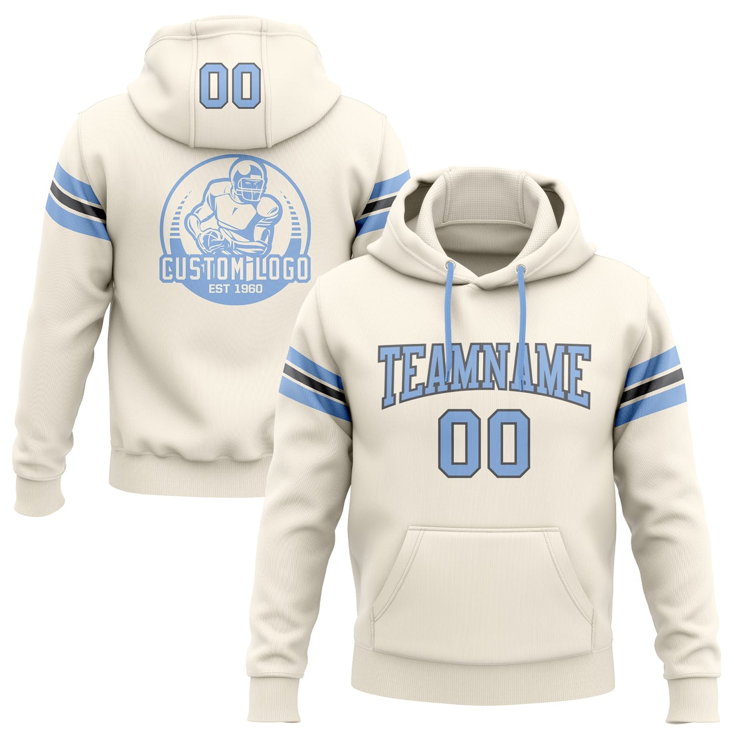 Custom Stitched Cream Light Blue-Steel Gray Football Pullover Sweatshirt Hoodie - Main View