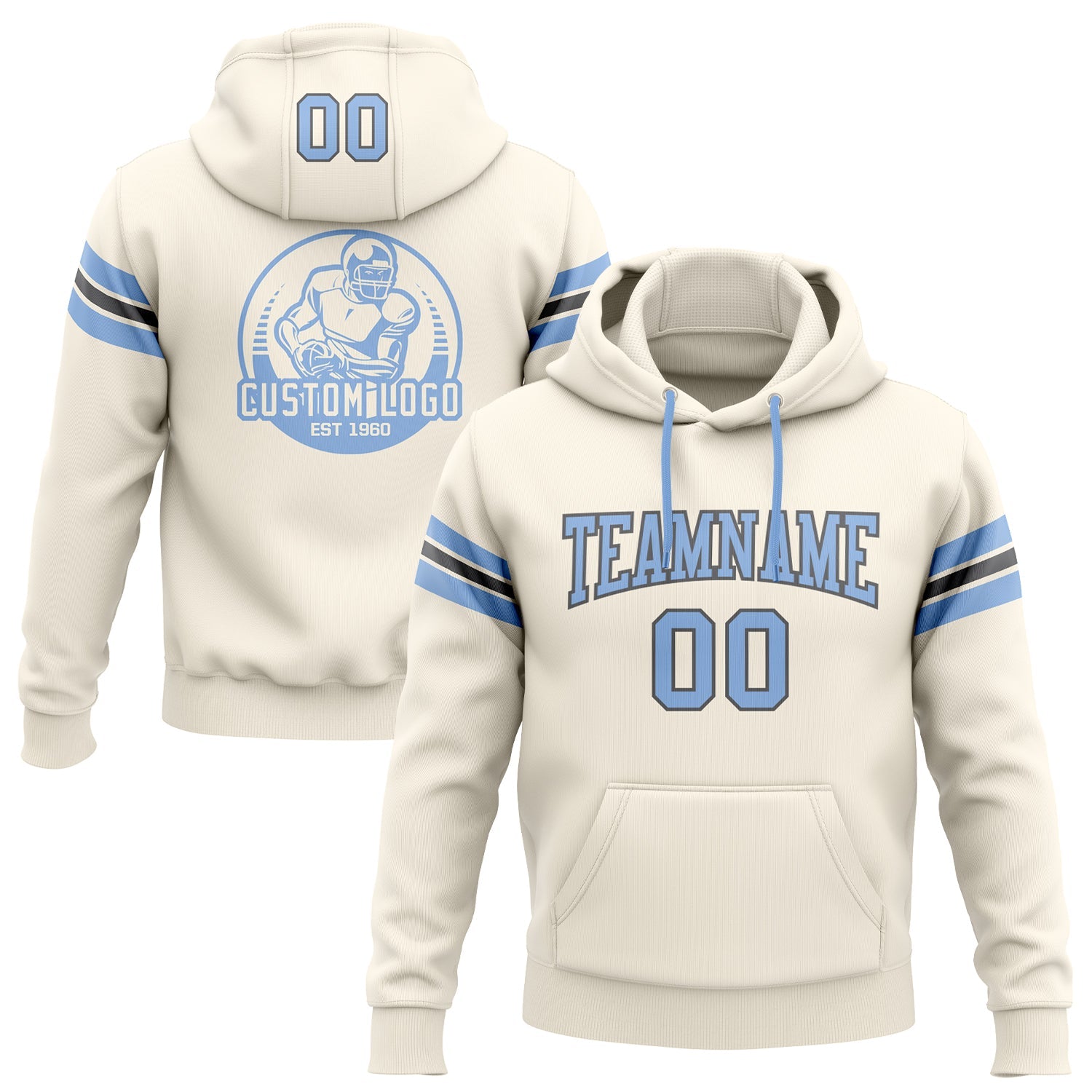 Custom Stitched Cream Light Blue-Steel Gray Football Pullover Sweatshirt Hoodie - Main View