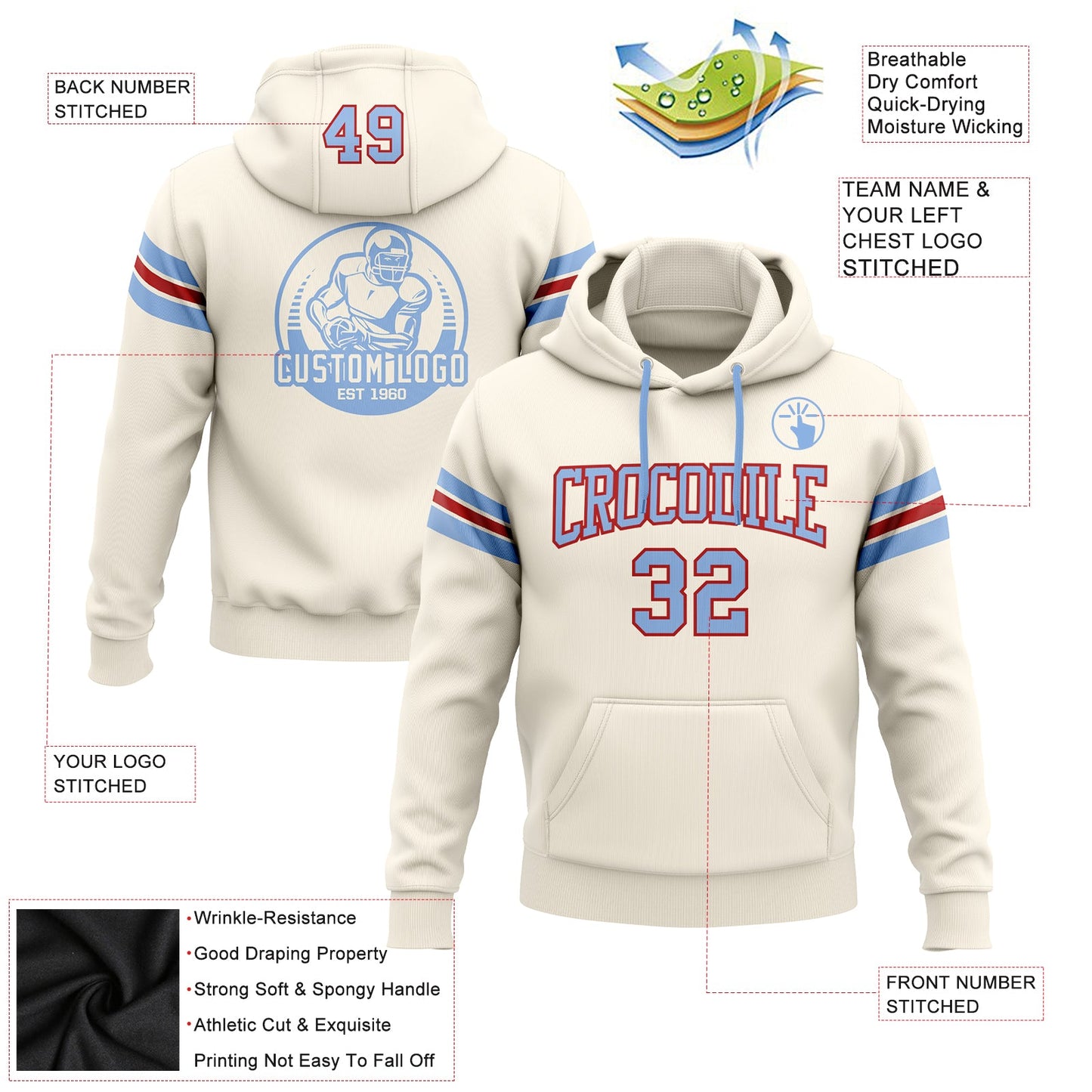 Custom Stitched Cream Light Blue-Red Football Pullover Sweatshirt Hoodie view 2