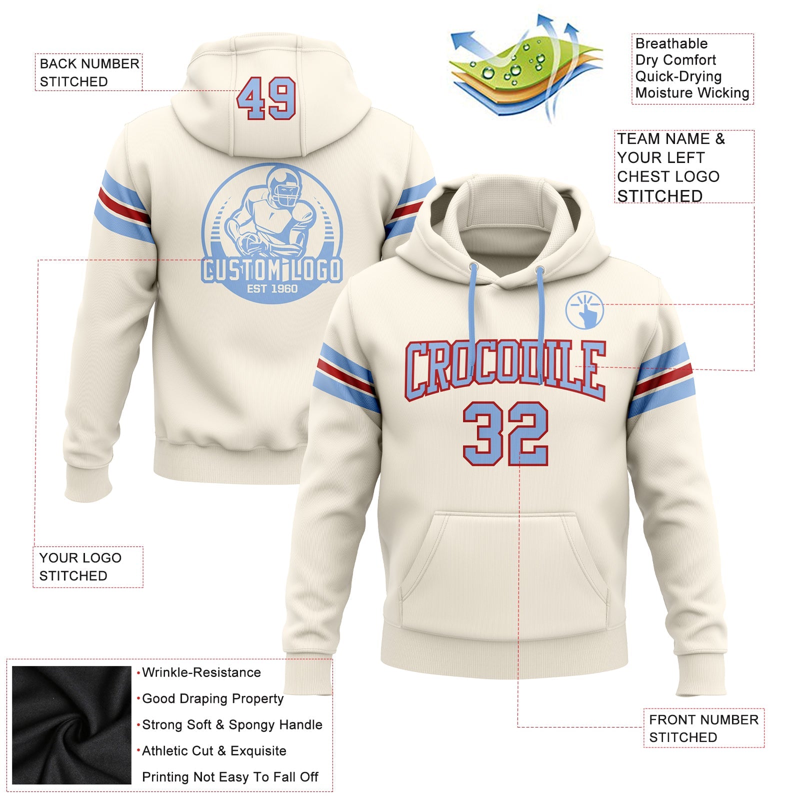 Custom Stitched Cream Light Blue-Red Football Pullover Sweatshirt Hoodie view 2