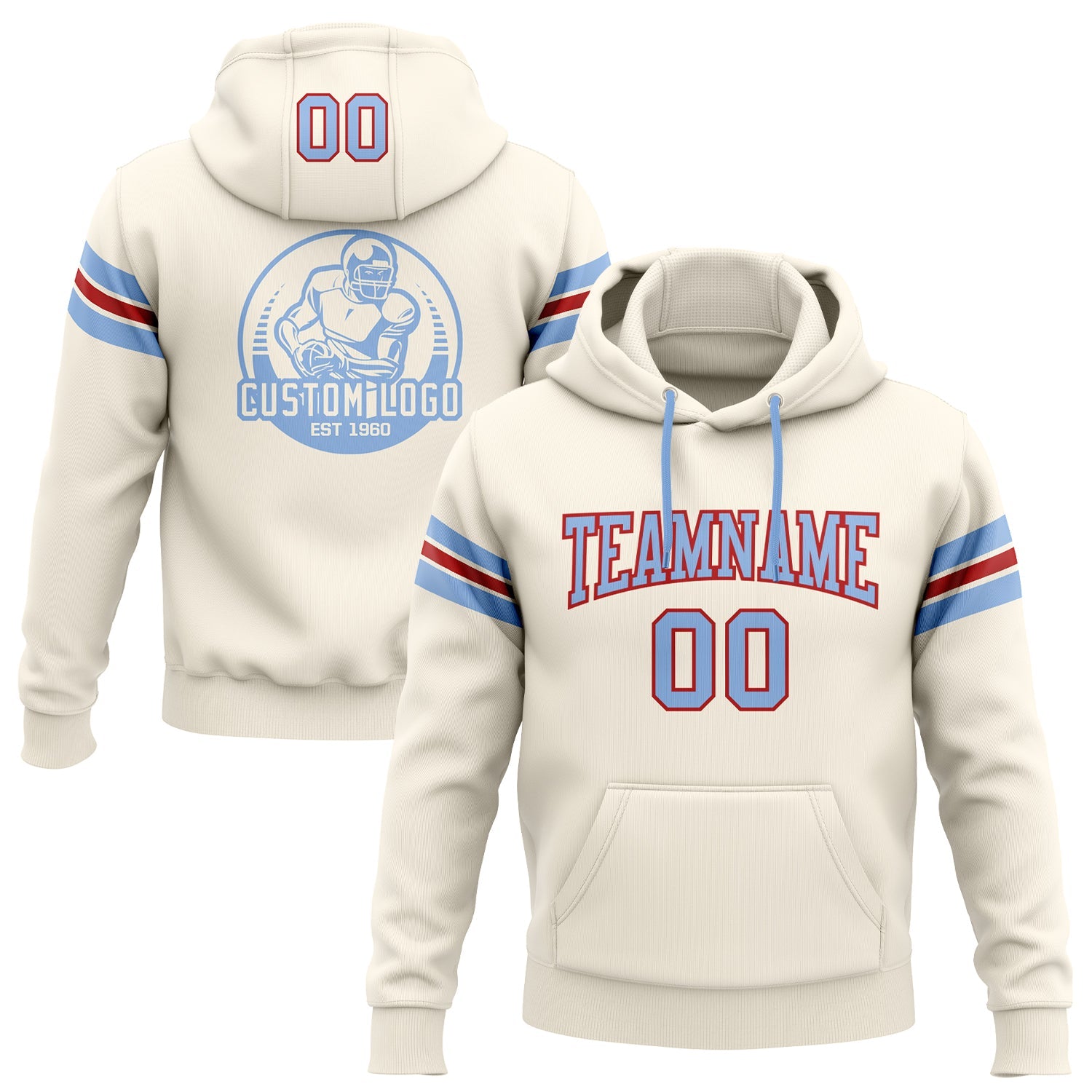 Custom Stitched Cream Light Blue-Red Football Pullover Sweatshirt Hoodie - Main View