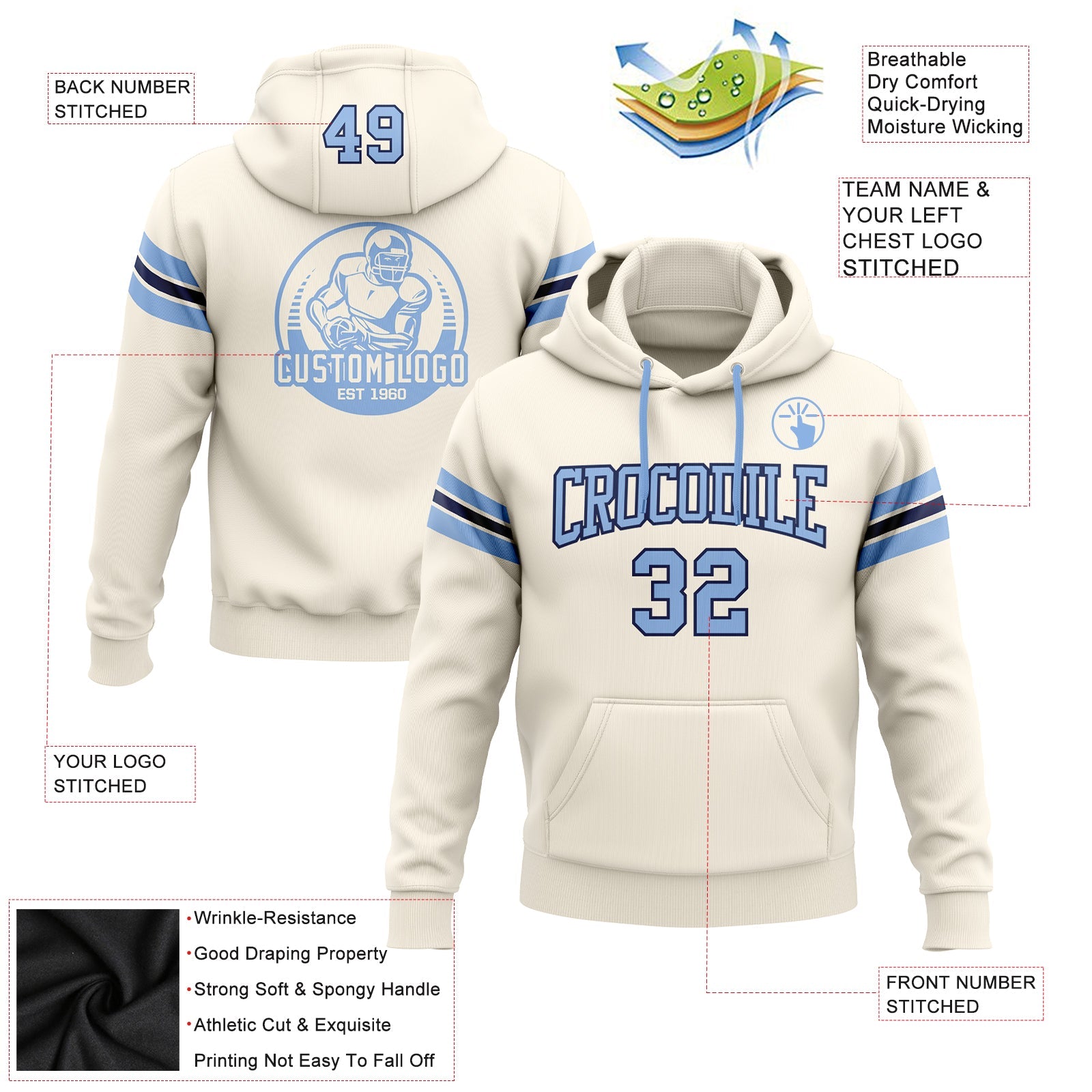 Custom Stitched Cream Light Blue-Navy Football Pullover Sweatshirt Hoodie view 2