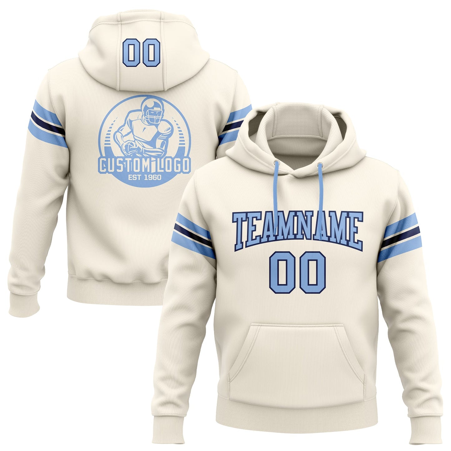 Custom Stitched Cream Light Blue-Navy Football Pullover Sweatshirt Hoodie - Main View