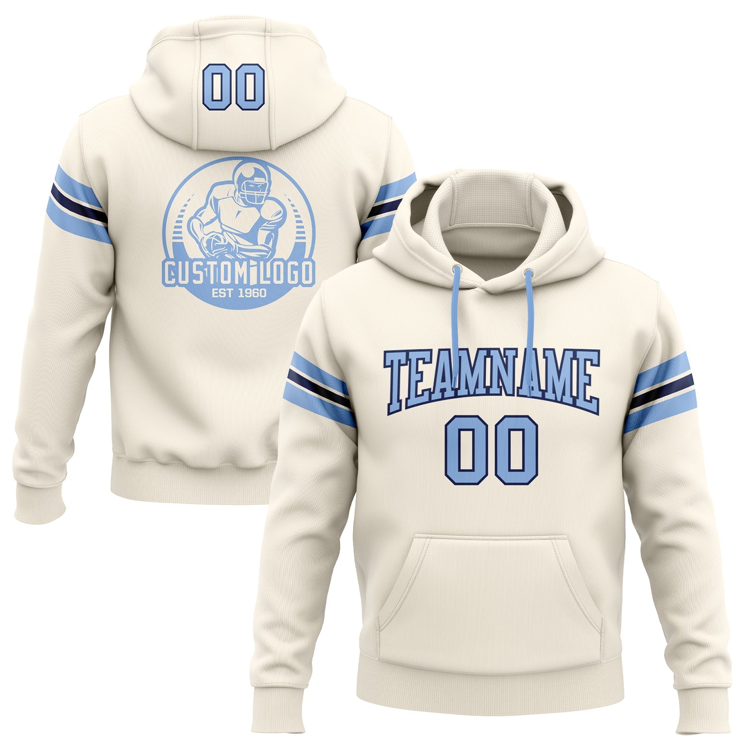 Custom Stitched Cream Light Blue-Navy Football Pullover Sweatshirt Hoodie - Main View
