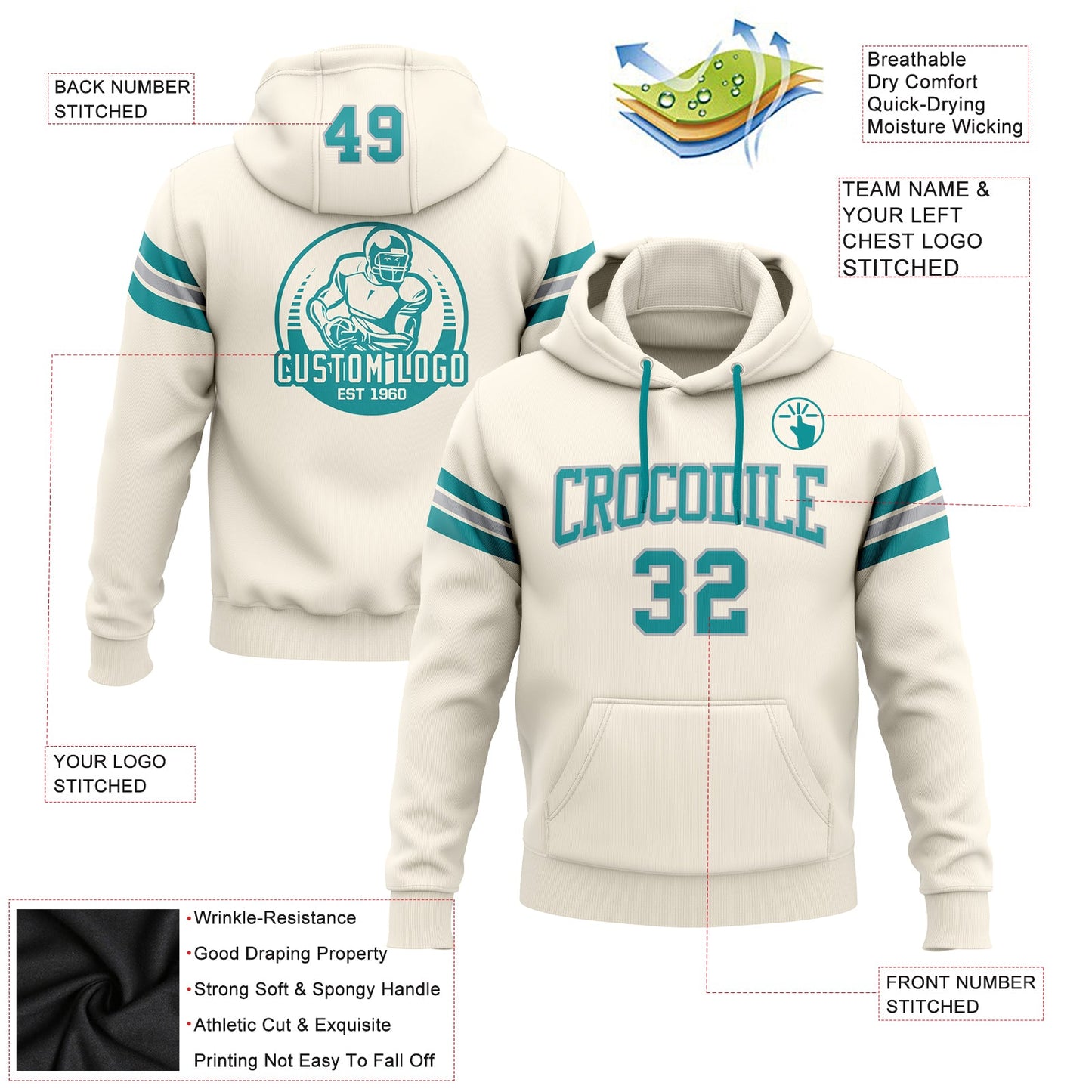 Custom Stitched Cream Teal-Gray Football Pullover Sweatshirt Hoodie view 2