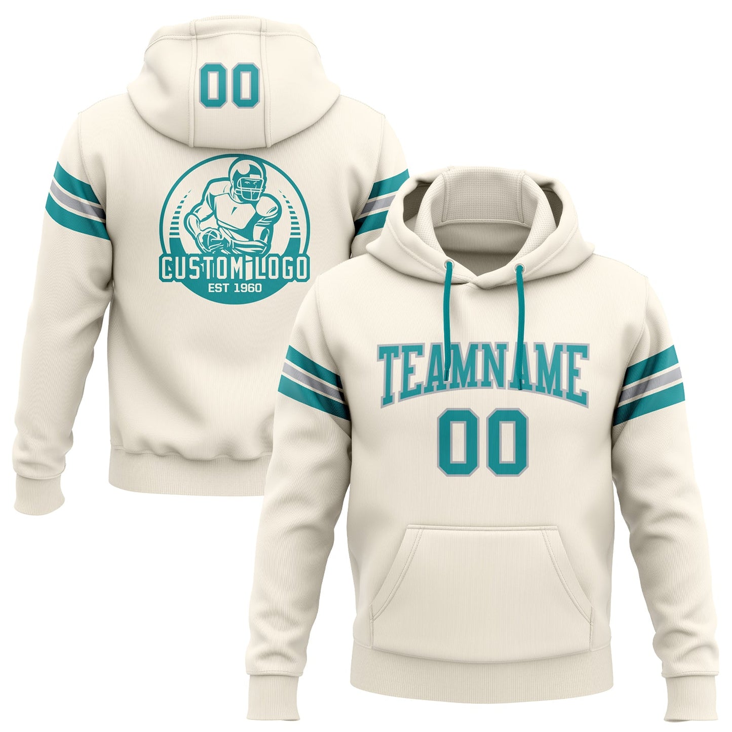 Custom Stitched Cream Teal-Gray Football Pullover Sweatshirt Hoodie - Main View