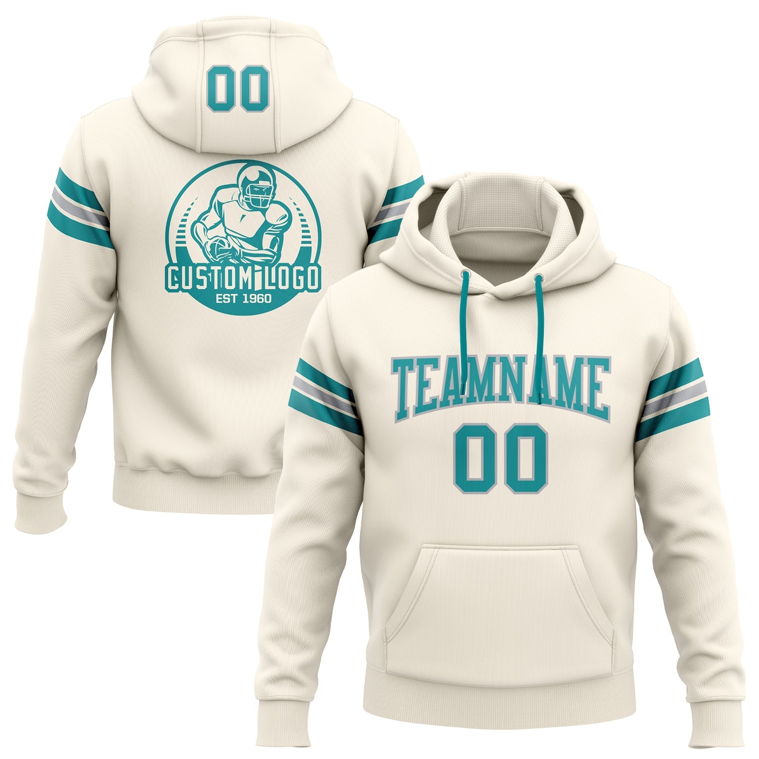 Custom Stitched Cream Teal-Gray Football Pullover Sweatshirt Hoodie - Main View