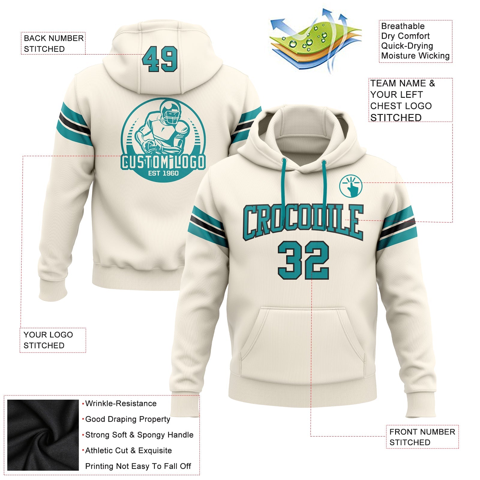 Custom Stitched Cream Teal-Black Football Pullover Sweatshirt Hoodie view 2