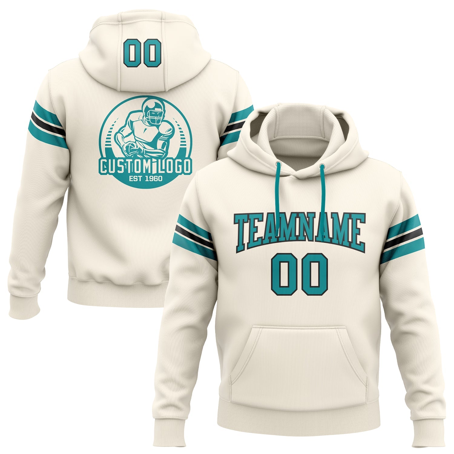 Custom Stitched Cream Teal-Black Football Pullover Sweatshirt Hoodie - Main View
