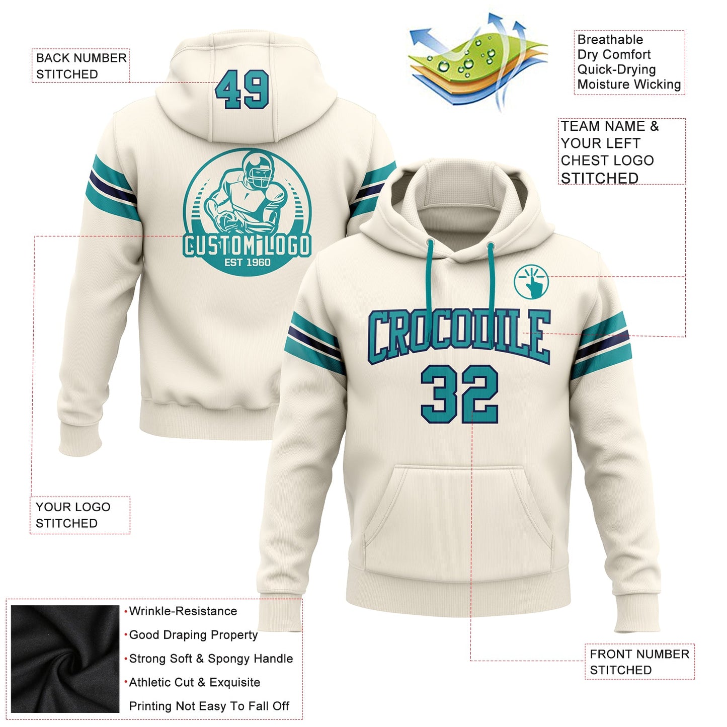 Custom Stitched Cream Teal-Navy Football Pullover Sweatshirt Hoodie view 2