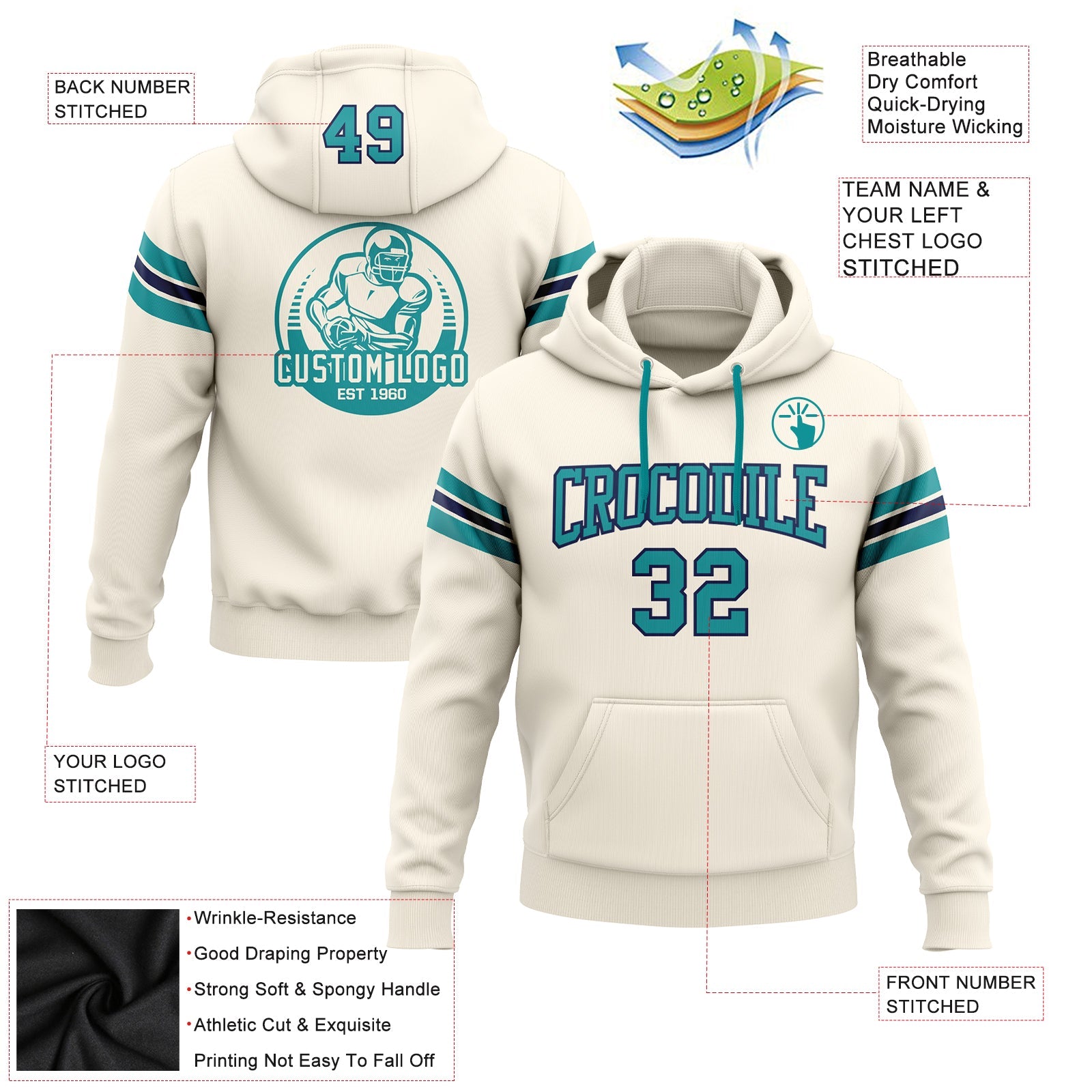 Custom Stitched Cream Teal-Navy Football Pullover Sweatshirt Hoodie view 2