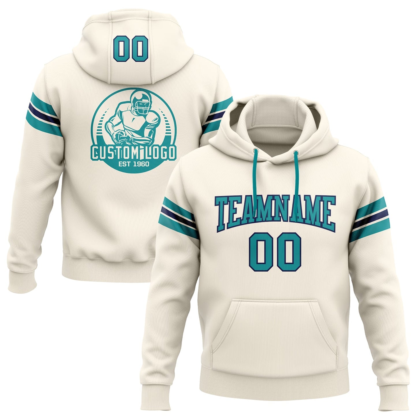 Custom Stitched Cream Teal-Navy Football Pullover Sweatshirt Hoodie - Main View