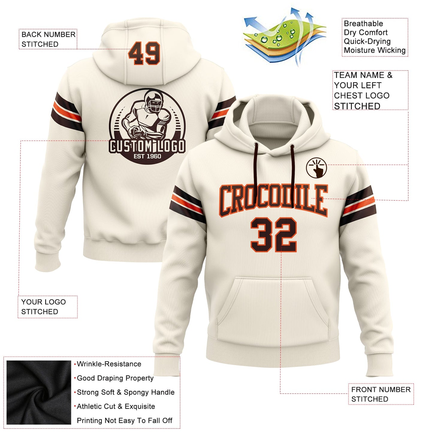 Custom Stitched Cream Brown-Orange Football Pullover Sweatshirt Hoodie view 2