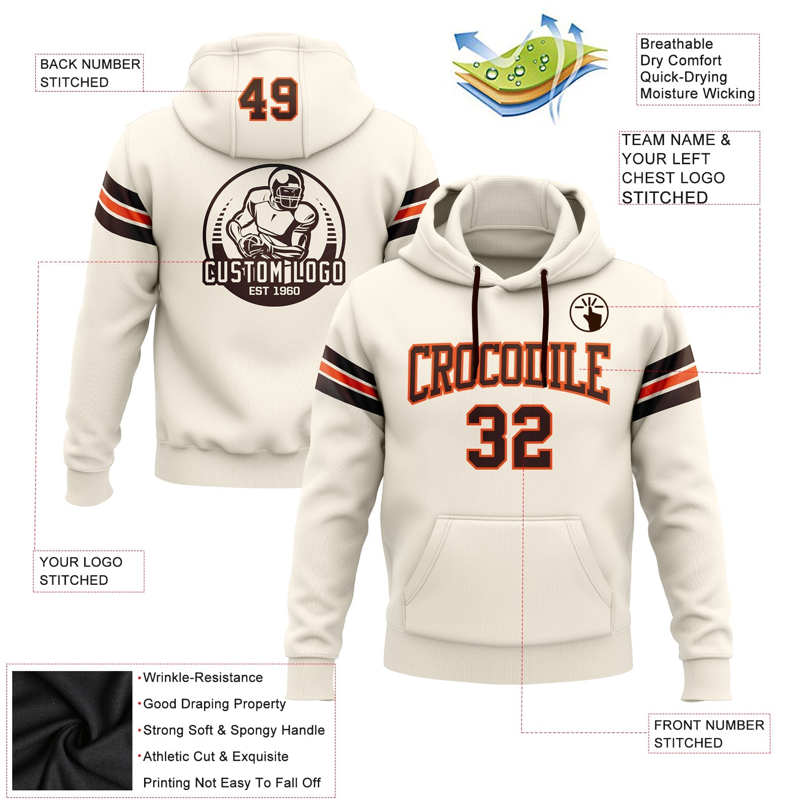 Custom Stitched Cream Brown-Orange Football Pullover Sweatshirt Hoodie view 2